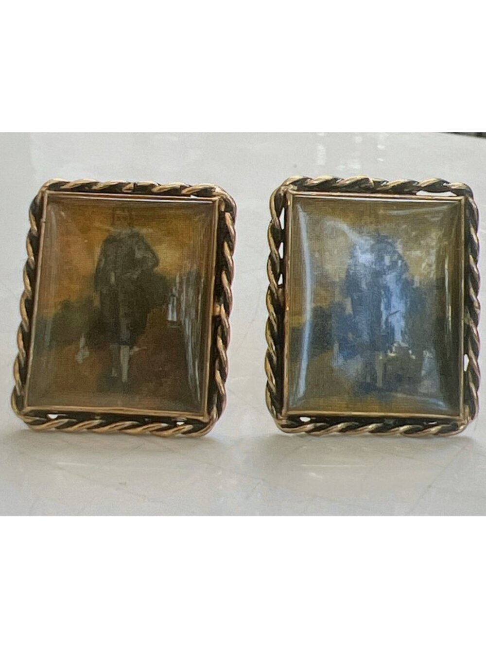 Vintage Gold-Tone Rectangular Cufflinks With Painted Portrait Design